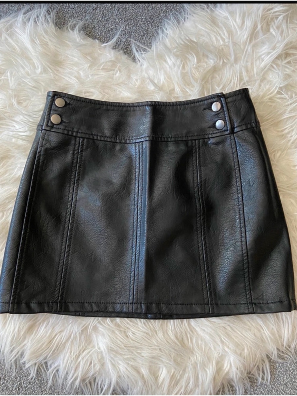 Free People Black Faux Leather Mini Skirt with Snap Accents